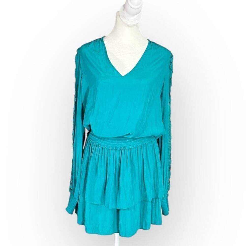 Ramy Brook Starling Dress Women's Small Teal Embellished-Sleeve Mini Smocked